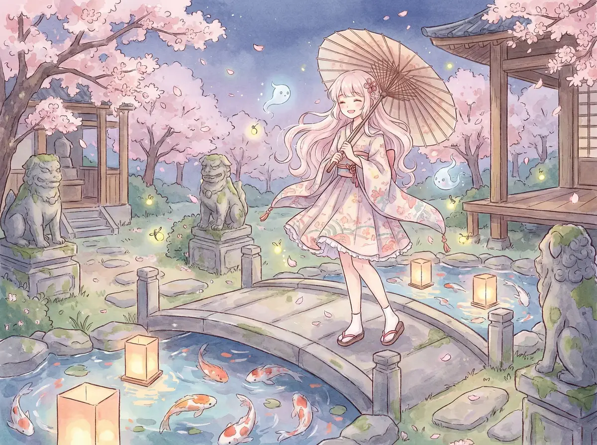 花间鹿代表作 - 樱花庭院中的和风少女插画