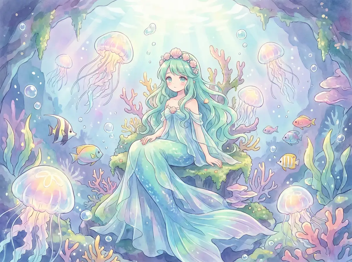 星夜绘梦代表作 - 海底珊瑚王座人鱼少女