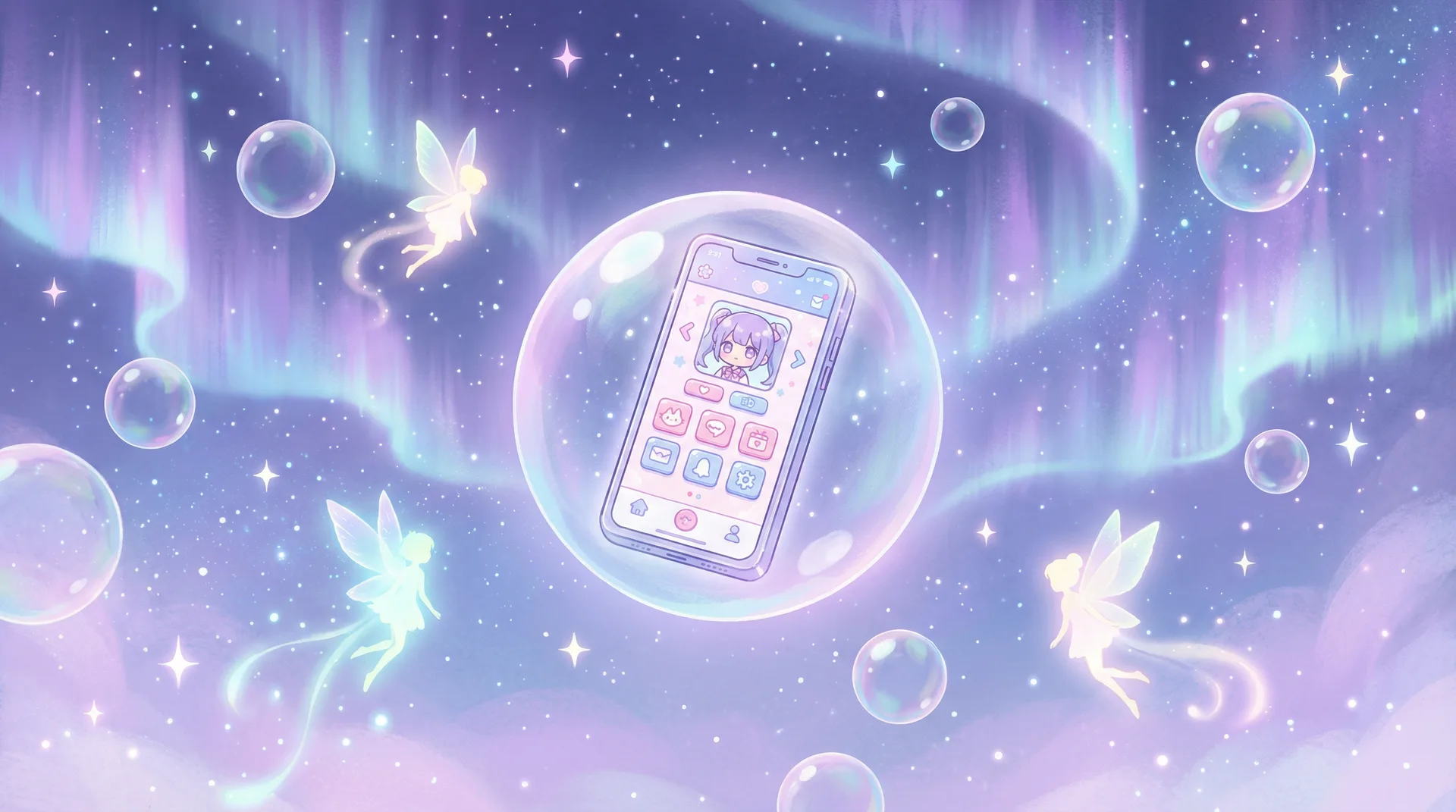 萝莉岛APP界面预览 - 星空中漂浮的魔法气泡包裹着手机界面与飞舞的精灵