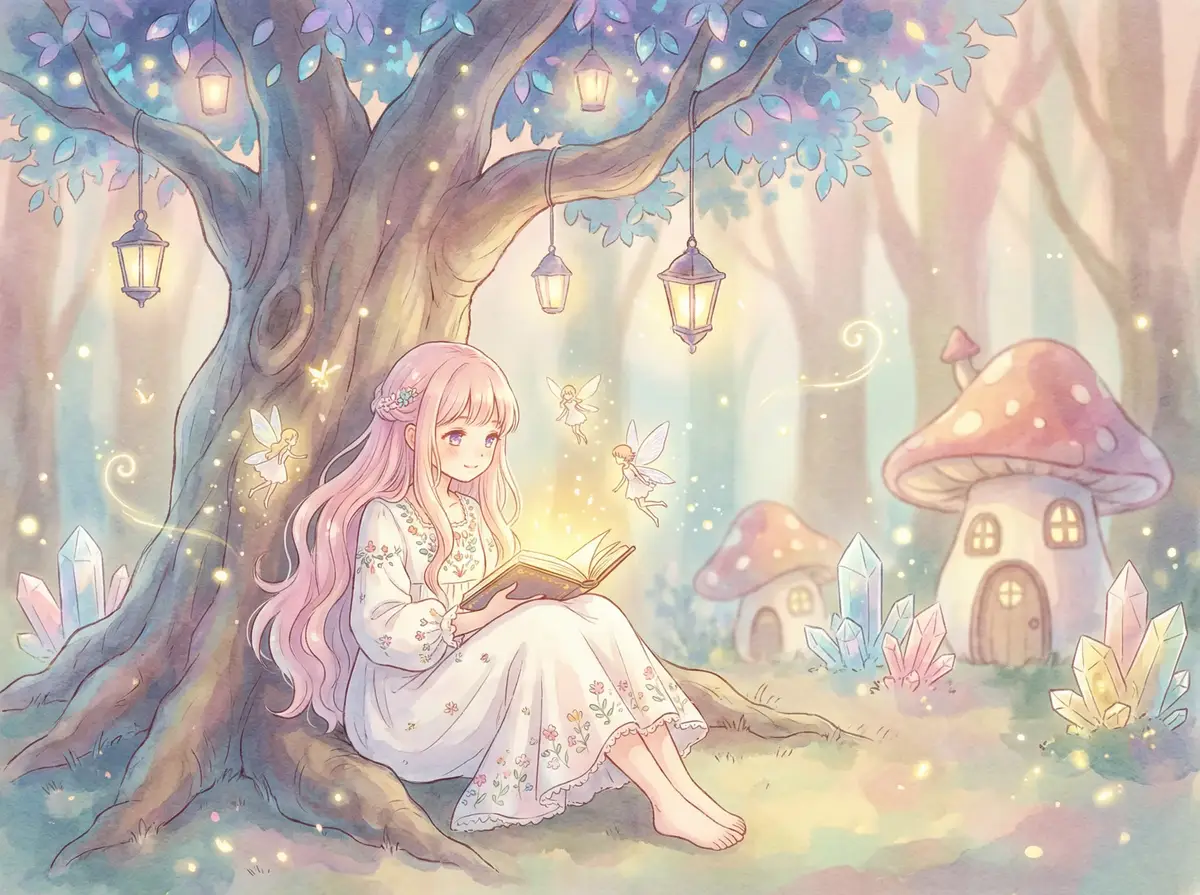 小萝莉 精选 - 魔法大树下阅读发光故事书的粉发少女