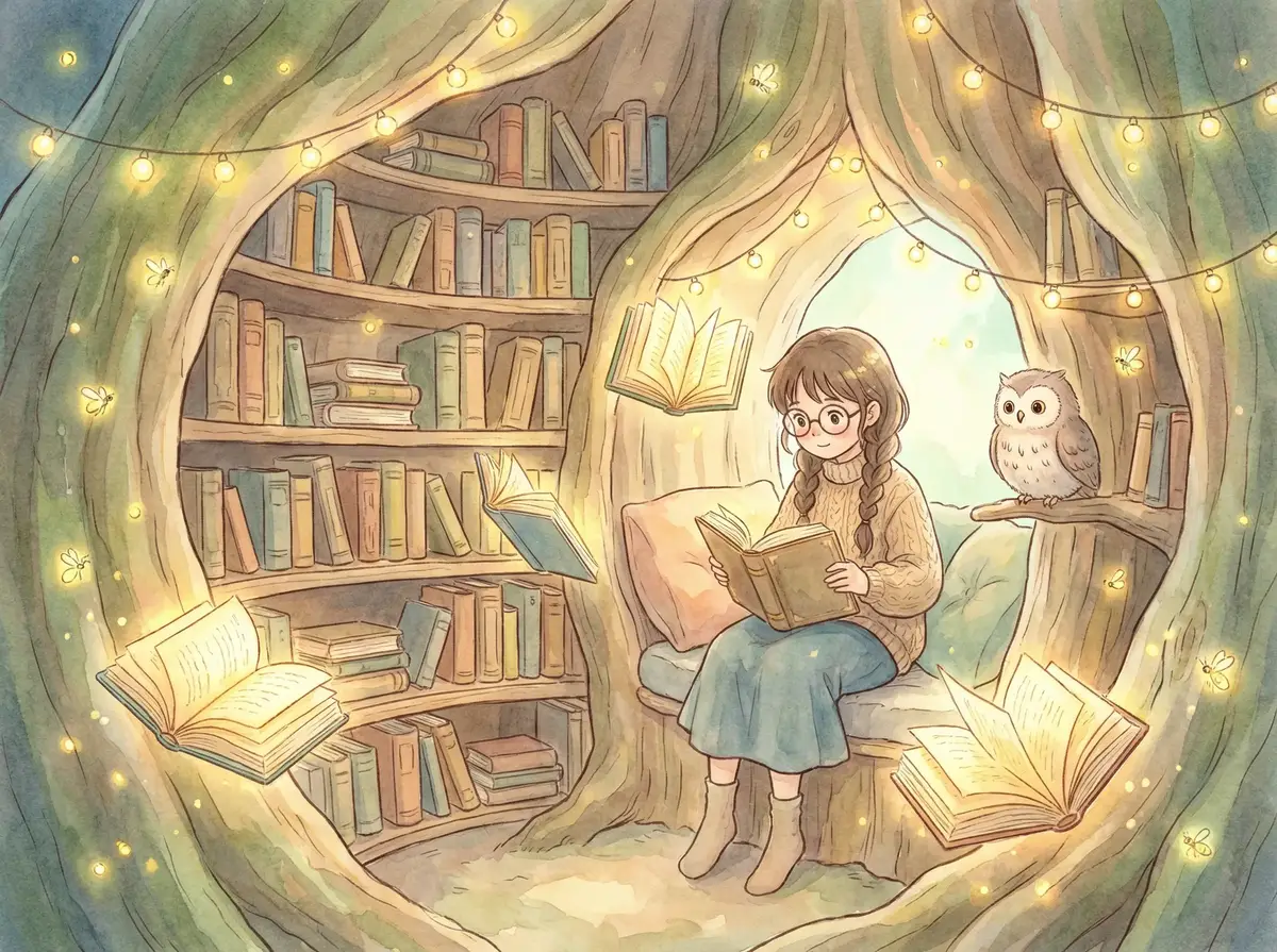 星夜绘梦作品 - 树洞图书馆阅读少女
